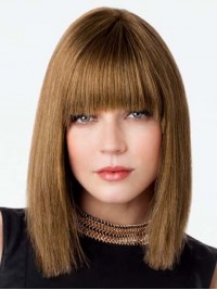 Shoulder Length Bob Style Lace Front Remy Human Hair Wigs With Bangs 14 Inches