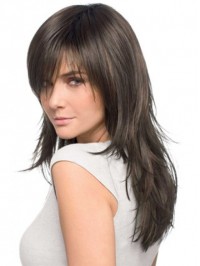 Long Straight Lace Front Remy Human Hair Wigs With Bangs 18 Inches