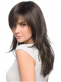 Long Straight Lace Front Remy Human Hair Wigs With Bangs 18 Inches