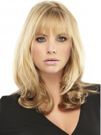 Blonde Capless Wavy Human Hair Wigs With Bangs 20 Inches