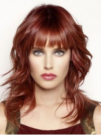 Red Long Wavy Remy Human Hair Capless Wigs With Bang 16 Inches