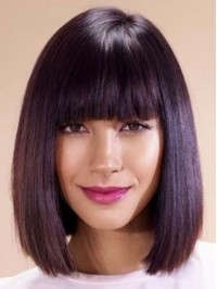 Bob Style Medium Capless Straight Human Hair Wigs With Bangs12 Inches