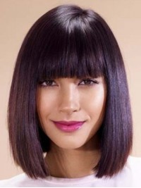 Bob Style Medium Capless Straight Human Hair Wigs With Bangs12 Inches