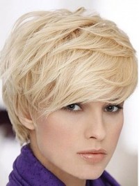 Short Straight Blonde Human Hair Capless Wigs With Bangs