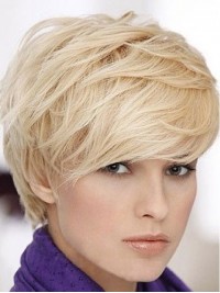 Short Straight Blonde Human Hair Capless Wigs With Bangs