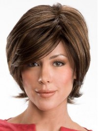 Layered Brown Short Straight Remy Hair Capless Wigs 8 Inches