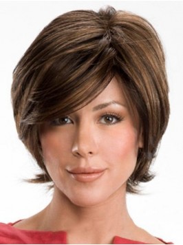 Layered Brown Short Straight Remy Hair Capless Wig...