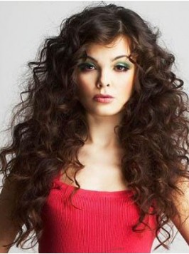 Brown Long Curly Capless Remy Human Hair Wigs 24 I...
