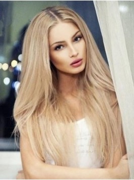 Centre Parting Long Blonde Lace Front Human Hair S...