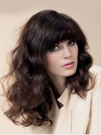 Brown Long Wavy Capless Human Hair Wigs With Bangs 20 Inches