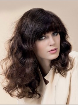 Brown Long Wavy Capless Human Hair Wigs With Bangs...