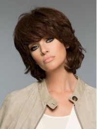 Short Brown Wavy Capless Remy Human Hair Wigs With Bang 10 Inches