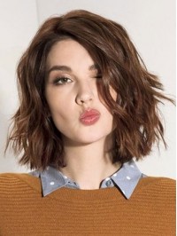 Bob Style Wavy Capless Human Hair Wigs With Side Bangs 12 Inches