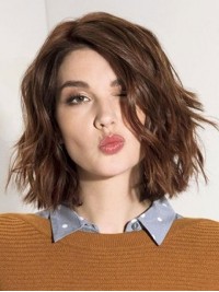 Bob Style Wavy Capless Human Hair Wigs With Side Bangs 12 Inches