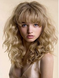 Blonde Wavy Long Human Hair Capless Wigs With Bangs 16 Inches