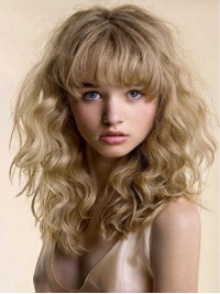 Blonde Wavy Long Human Hair Capless Wigs With Bangs 16 Inches