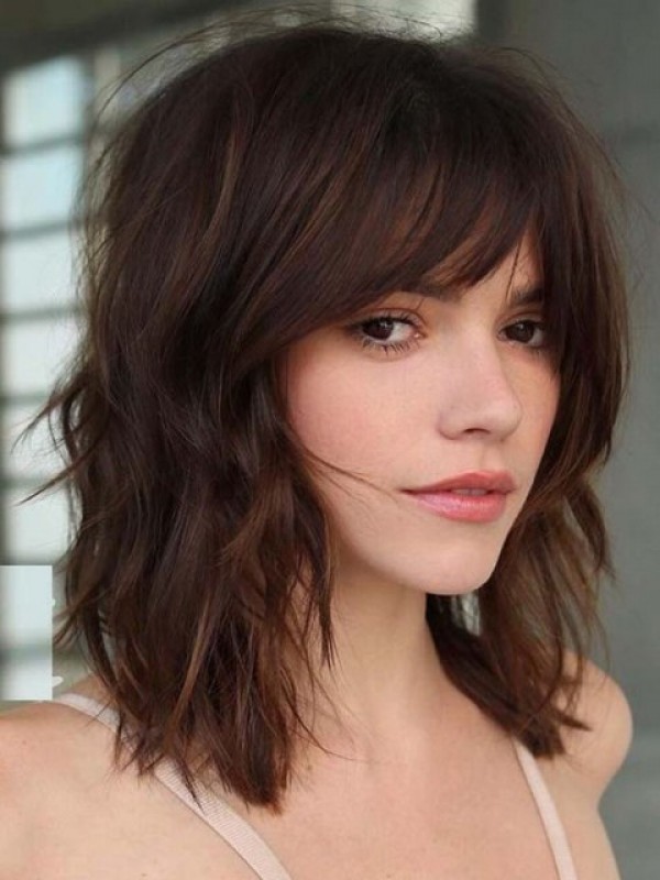 Brown Medium Wavy Remy Human Capless Hair Wigs With Bangs 12 Inches