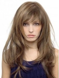 Light Brown Long Straight Capless Human Hair Wigs With Bangs 22 Inches
