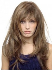 Light Brown Long Straight Capless Human Hair Wigs With Bangs 22 Inches