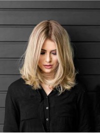 Central Parting Blonde Wavy Lace Front Remy Human Hair Wigs 14 Inches
