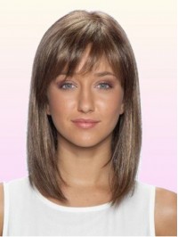 Medium Straight Human Hair Lace Front Wigs With Bangs 14 Inches
