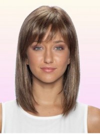 Medium Straight Human Hair Lace Front Wigs With Bangs 14 Inches