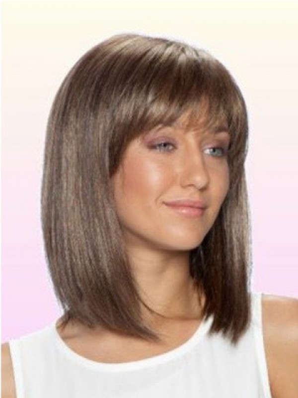 Medium Straight Human Hair Lace Front Wigs With Bangs 14 Inches