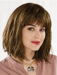 Bob Style Wavy Remy Human Hair Capless Wigs With Bangs 12 Inches