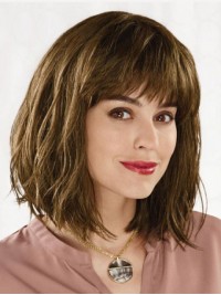 Bob Style Wavy Remy Human Hair Capless Wigs With Bangs 12 Inches