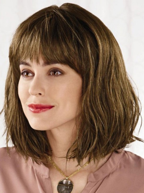 Bob Style Wavy Remy Human Hair Capless Wigs With Bangs 12 Inches