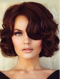 Medium Claret Bob Wavy Style Capless Human Hair Wigs With Side Bangs 12 Inches