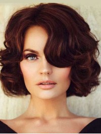 Medium Claret Bob Wavy Style Capless Human Hair Wigs With Side Bangs 12 Inches
