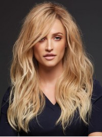 Blonde Long Wavy Lace Front Remy Human Hair Wigs With Side Bangs 20 Inches