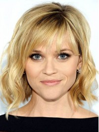 Bob Style Blonde Wavy Capless Human Hair Wigs With Bangs 12 Inches