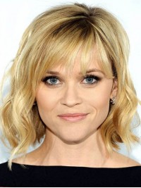 Bob Style Blonde Wavy Capless Human Hair Wigs With Bangs 12 Inches