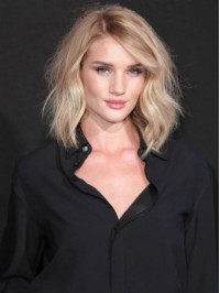 Medium Blonde Wavy Human Hair Lace Front Wigs With Side Bangs 12 Inches