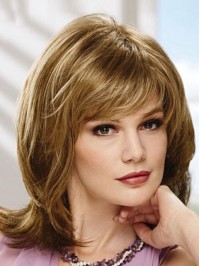 Layered Shoulder Length Straight Capless Human Hair Wig With Bangs 14 Inches