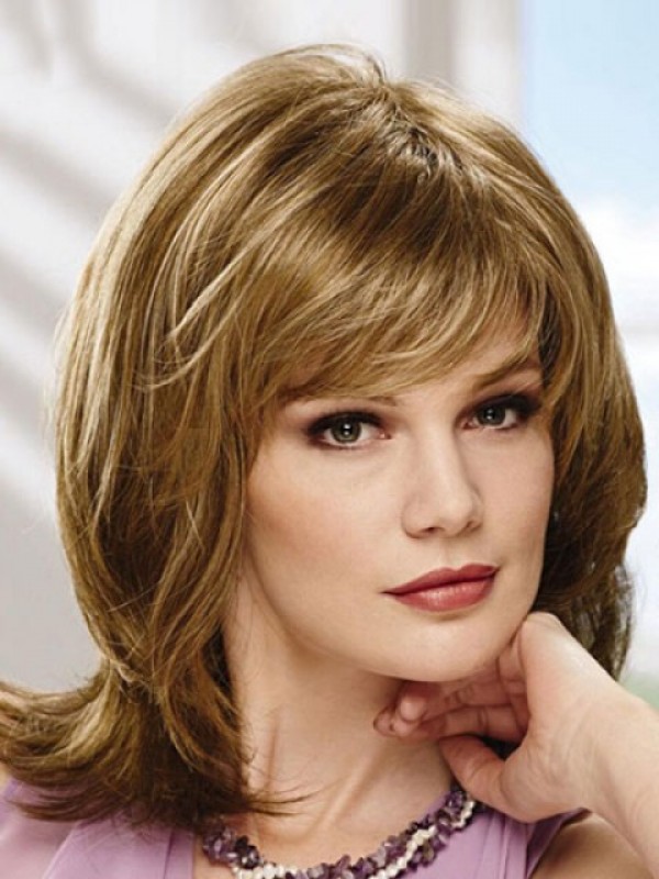 Layered Shoulder Length Straight Capless Human Hair Wig With Bangs 14 Inches