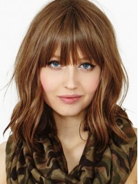 Medium Wavy Human Hair Wigs Capless With Full Bangs 14 Inches