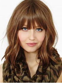 Medium Wavy Human Hair Wigs Capless With Full Bangs 14 Inches