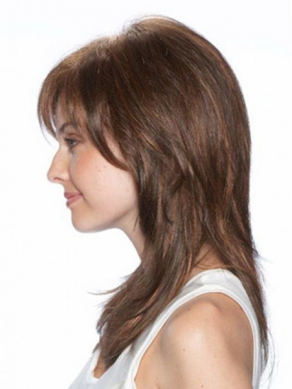 Layered Long Lace Front Remy Human Hair Wigs With Bangs 16 Inches
