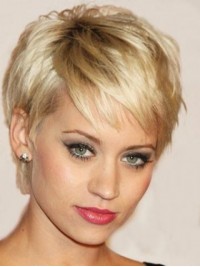 Blonde Boy Cut Straight Capless Remy Human Hair Wigs With Bangs
