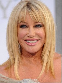 Suzanne Somer'S Blonde Straight Medium Remy Human Hair Wigs With Bangs 14 Inches