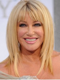 Suzanne Somer'S Blonde Straight Medium Remy Human Hair Wigs With Bangs 14 Inches
