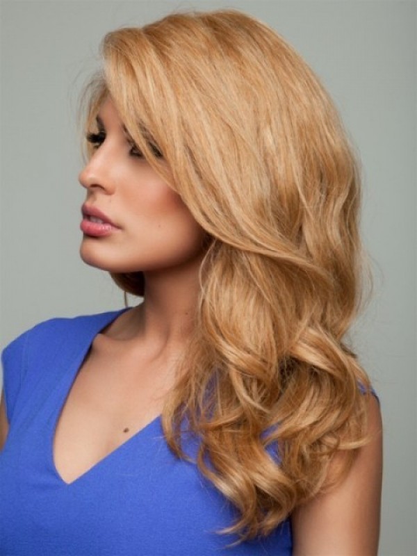 Blonde Long Wavy Human Hair Lace Front Wigs With Sid Bangs 22 Inches