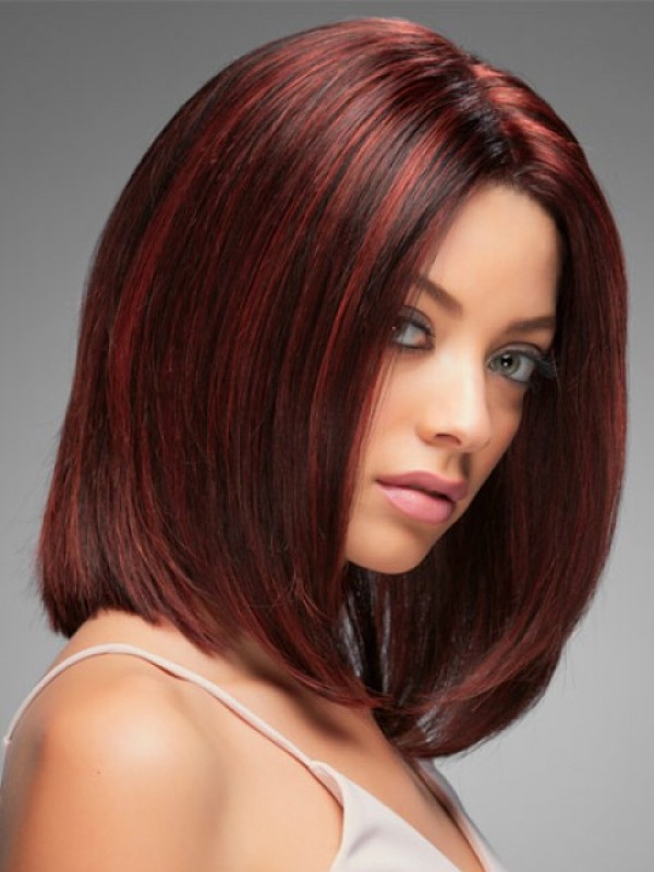 Claret Bob Style Central Parting Straight Lace Front Human Hair Wigs 14 Inches