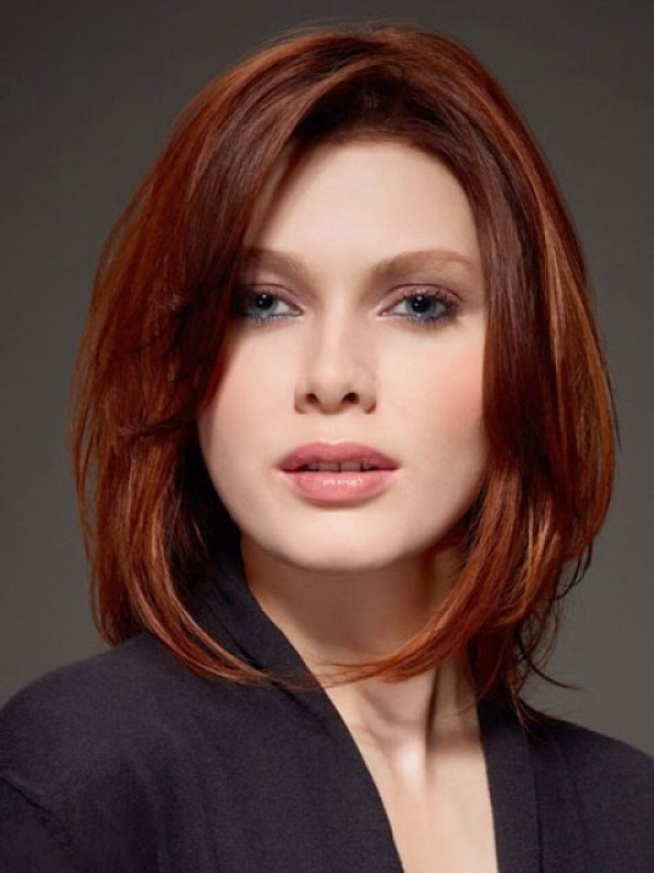 Shoulder Length Straight Claret Bob Style Human Hair Lace Front With Side Bangs 12 Inches