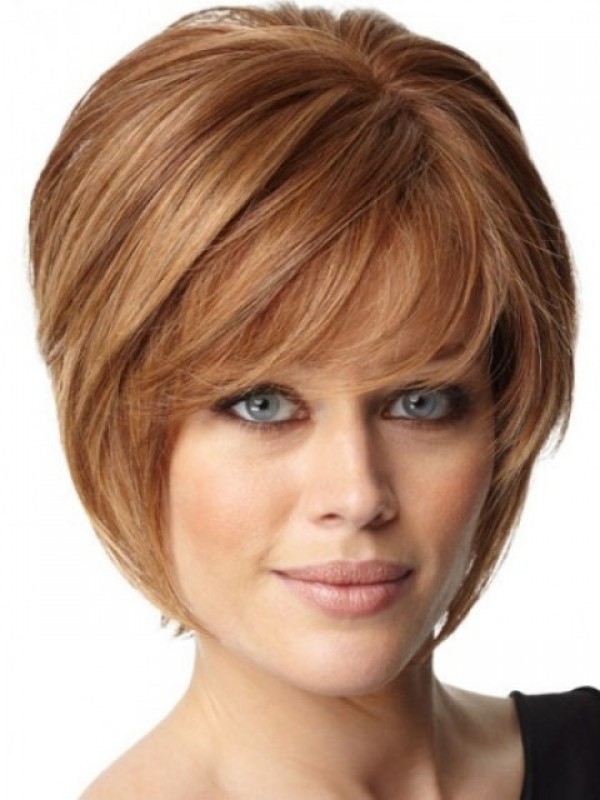 Yellowish Brown Chin Length Human Hair Short Capless Wigs With Bangs 6 Inches