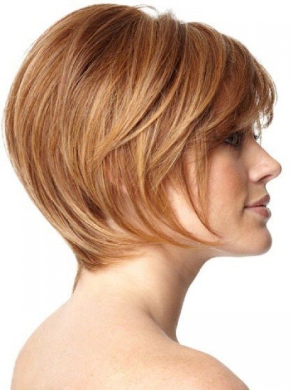 Yellowish Brown Chin Length Human Hair Short Capless Wigs With Bangs 6 Inches