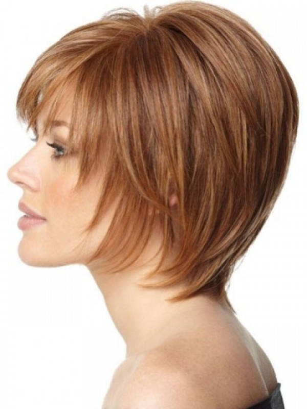 Yellowish Brown Chin Length Human Hair Short Capless Wigs With Bangs 6 Inches